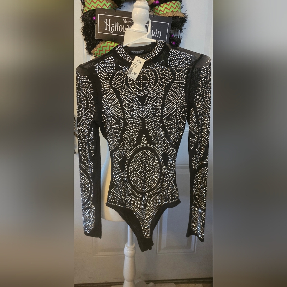 Banjul Black Silver Graphic Embellished Bodysuit